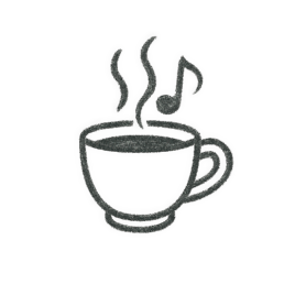 Icona disegnata a mano di tazza fumante con nota musicale