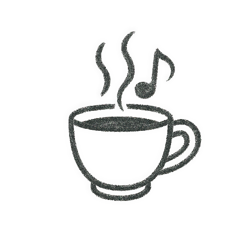Icona disegnata a mano di tazza fumante con nota musicale