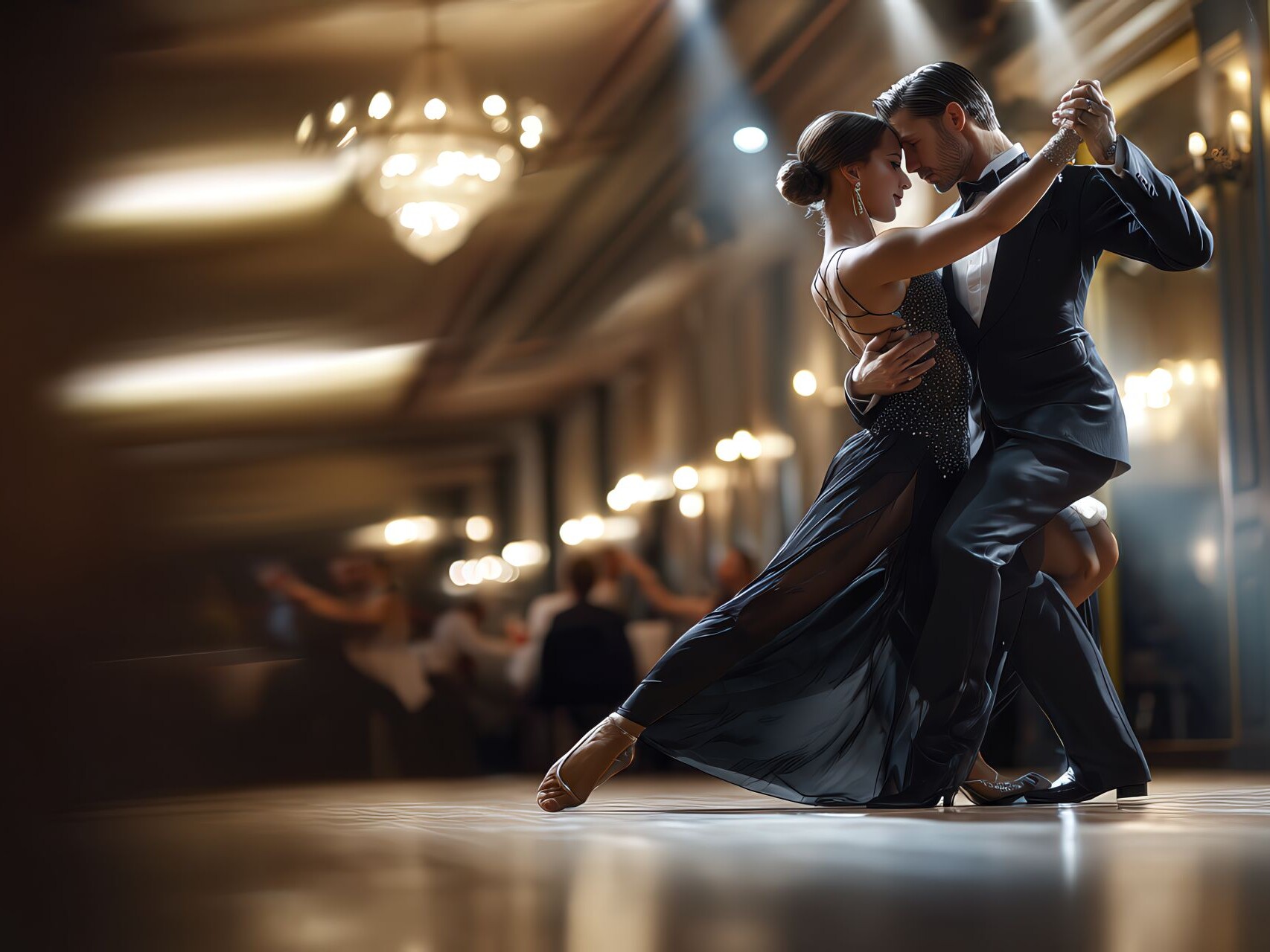Coppia elegante balla valzer e tango in sala da ballo a Carpi