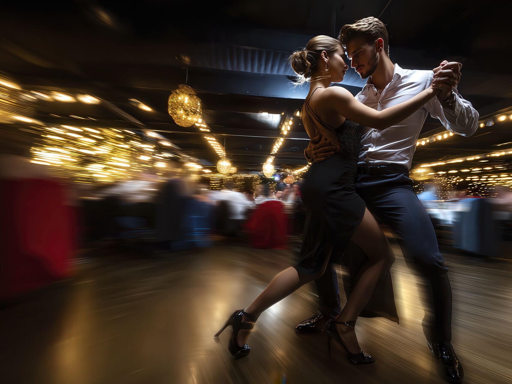 Coppia balla Salsa Cubana in movimento circolare in un club latino a Carpi