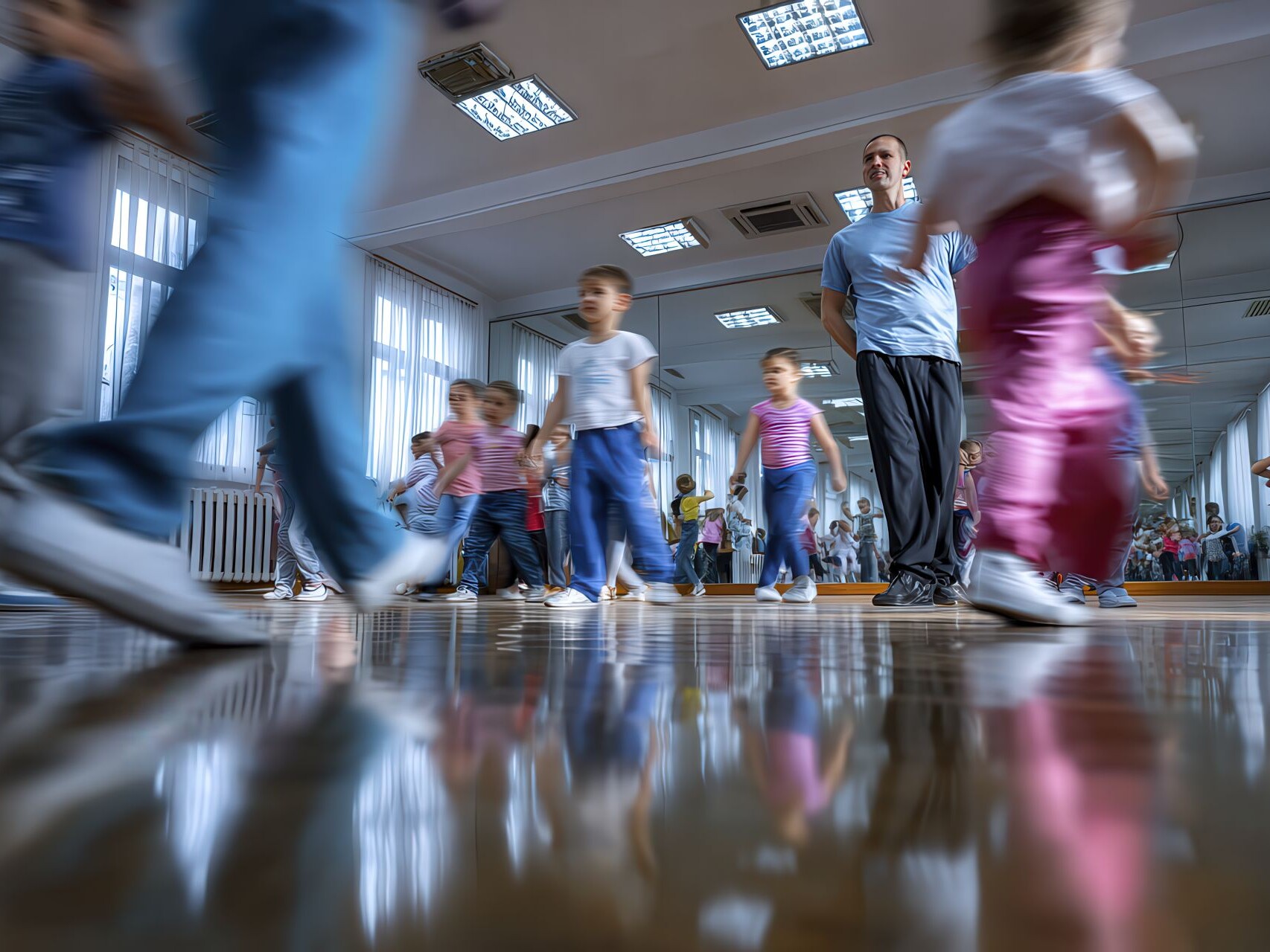 Bambini che imparano danze latino americane in una sala da ballo luminosa a Carpi