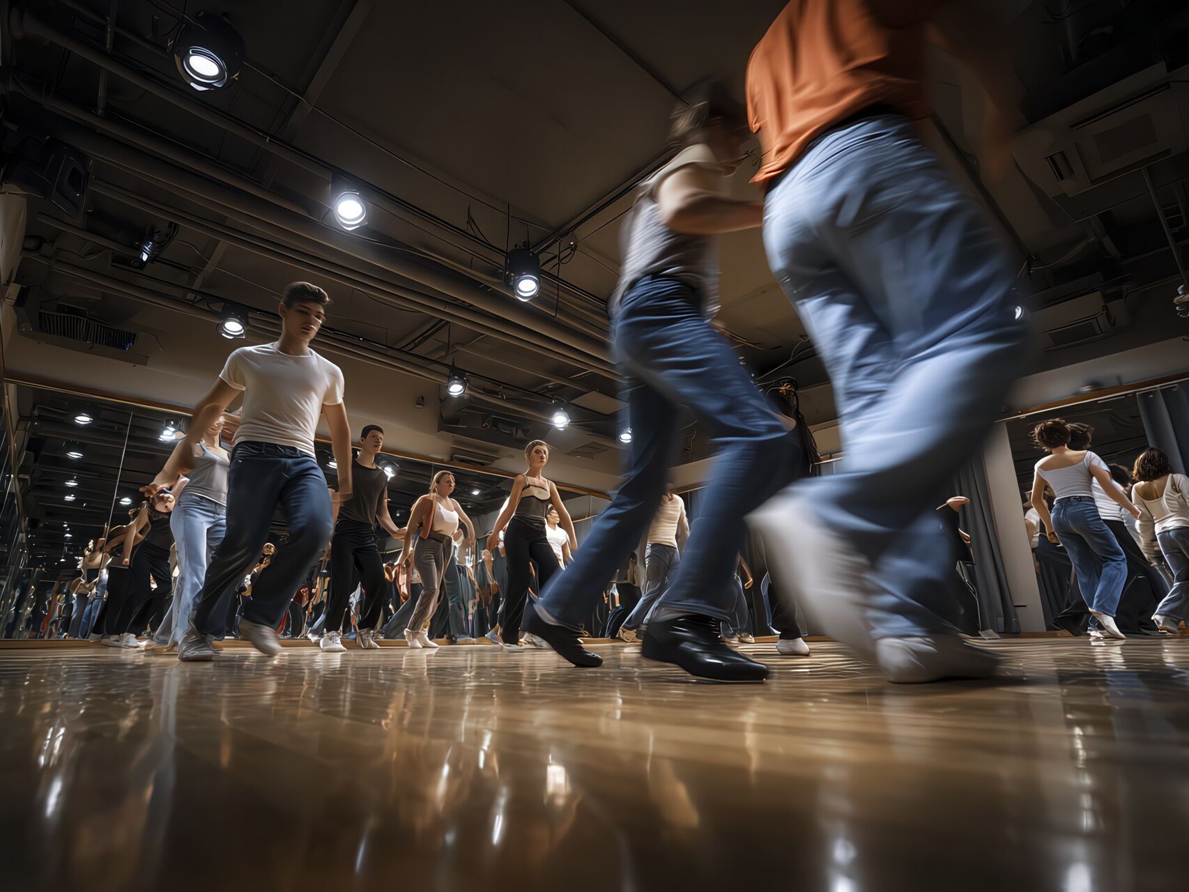 Ragazzi 11–14 anni seguono un maestro di danze latino in sala con specchi